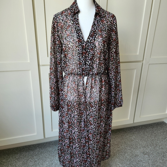 Dex Tops - Duster Top Dark Floral Midi Sheer Cottagecore Bohemian Hippie Feminine Girly S